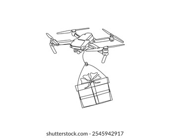 Continuous one line drawing of flying drone delivering box package. Drone shipment in single line art vector illustration. Editable vector. 
