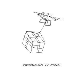 Continuous one line drawing of flying drone delivering box package. Drone shipment in single line art vector illustration. Editable vector. 
