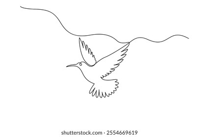 Continuous one line drawing of flying hummingbird, Flying animal concept Single line, Hummingbird one line art design, One continuous line drawing of dove with olive branch.