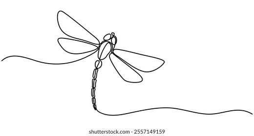 Continuous one line drawing. Flying dragonfly logo. Black and white vector illustration. Concept for logo, card, banner, poster, flyer, Dragonfly continuous one line art drawing of outline pro vector.