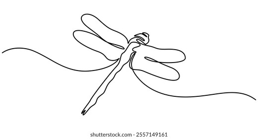 Continuous one line drawing. Flying dragonfly logo. Black and white vector illustration. Concept for logo, card, banner, poster, flyer, Dragonfly continuous one line art drawing of outline pro vector.