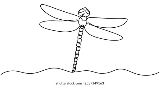 Continuous one line drawing. Flying dragonfly logo. Black and white vector illustration. Concept for logo, card, banner, poster, flyer, Dragonfly continuous one line art drawing of outline pro vector.