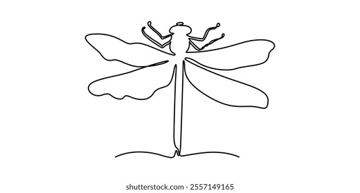 Continuous one line drawing. Flying dragonfly logo. Black and white vector illustration. Concept for logo, card, banner, poster, flyer, Dragonfly continuous one line art drawing of outline pro vector.