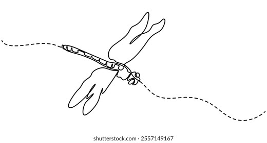 Continuous one line drawing. Flying dragonfly logo. Black and white vector illustration. Concept for logo, card, banner, poster, flyer, Dragonfly continuous one line art drawing of outline pro vector.