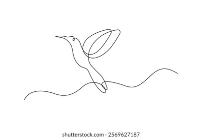 Continuous one line drawing of flying hummingbird. Bird in continuous line art drawing style. Minimalist black linear sketch isolated on white background.