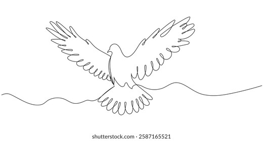 Continuous one line drawing of flying dove. Peace symbol in linear style. Vector illustration