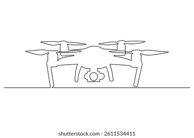 Continuous one line drawing of Flying drone airplane. Single line drawing illustration of Quadcopter camera drone. Gadget for videography concept vector art. Doodle line illustration.