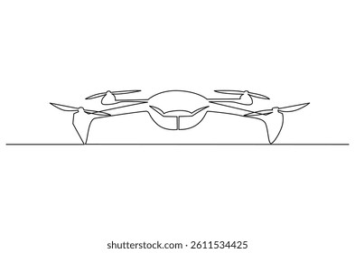 Continuous one line drawing of Flying drone airplane. Single line drawing illustration of Quadcopter camera drone. Gadget for videography concept vector art. Doodle line illustration.