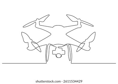 Continuous one line drawing of Flying drone airplane. Single line drawing illustration of Quadcopter camera drone. Gadget for videography concept vector art. Doodle line illustration.