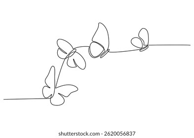 Continuous one line drawing of Flying butterfly. Single line drawing illustration of a lots of butterflies. Spring summer sticker concept vector art. Doodle line illustration.