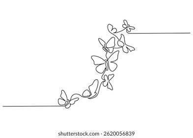 Continuous one line drawing of Flying butterfly. Single line drawing illustration of a lots of butterflies. Spring summer sticker concept vector art. Doodle line illustration.