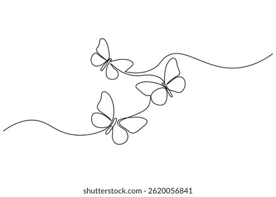 Continuous one line drawing of Flying butterfly. Single line drawing illustration of a lots of butterflies. Spring summer sticker concept vector art. Doodle line illustration.