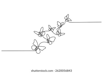Continuous one line drawing of Flying butterfly. Single line drawing illustration of a lots of butterflies. Spring summer sticker concept vector art. Doodle line illustration.