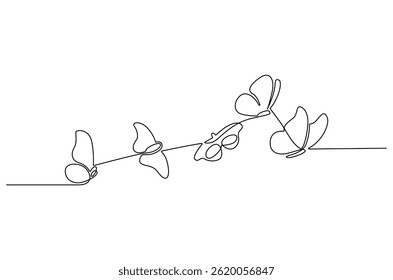 Continuous one line drawing of Flying butterfly. Single line drawing illustration of a lots of butterflies. Spring summer sticker concept vector art. Doodle line illustration.