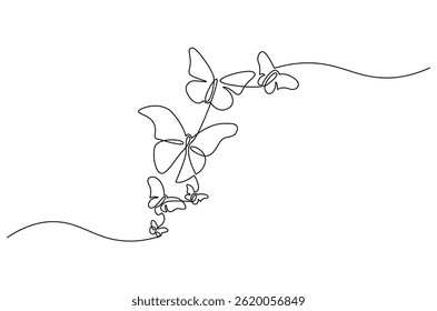 Continuous one line drawing of Flying butterfly. Single line drawing illustration of a lots of butterflies. Spring summer sticker concept vector art. Doodle line illustration.