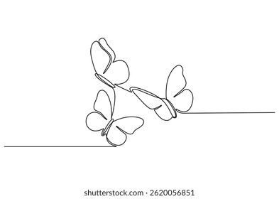 Continuous one line drawing of Flying butterfly. Single line drawing illustration of a lots of butterflies. Spring summer sticker concept vector art. Doodle line illustration.