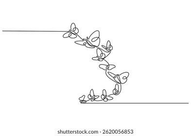 Continuous one line drawing of Flying butterfly. Single line drawing illustration of a lots of butterflies. Spring summer sticker concept vector art. Doodle line illustration.