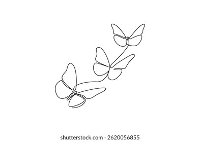 Continuous one line drawing of Flying butterfly. Single line drawing illustration of a lots of butterflies. Spring summer sticker concept vector art. Doodle line illustration.