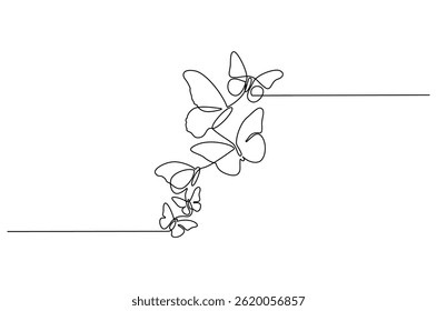 Continuous one line drawing of Flying butterfly. Single line drawing illustration of a lots of butterflies. Spring summer sticker concept vector art. Doodle line illustration.