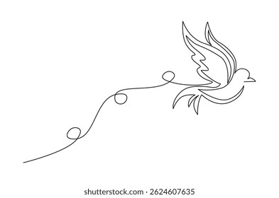 Continuous one line drawing of Flying up dove bird. Single line drawing illustration of Flying Birds. Symbol of peace and freedom concept vector art. Doodle line illustration.