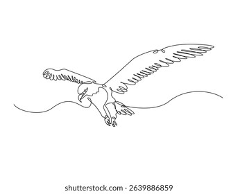 Continuous one line drawing of flying wild eagle. Eagle outline illustration. Editable vector. 