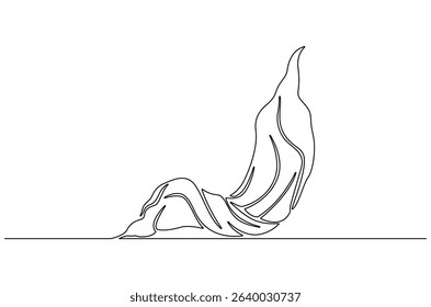 Continuous one line drawing of Flying wave silk or satin fabric. Single line drawing illustration of Luxury textile drapery. Grand opening ceremony concept vector art. Doodle line illustration.