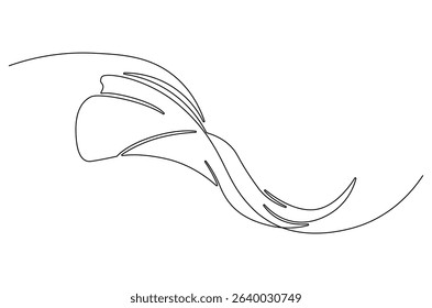 Continuous one line drawing of Flying wave silk or satin fabric. Single line drawing illustration of Luxury textile drapery. Grand opening ceremony concept vector art. Doodle line illustration.