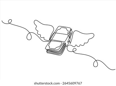 Continuous one line drawing flying money stacks of dollar banknotes. Budget Spending, Bill Expenses. Business, Financial concept. Single line draw design. Hand drawn one line vector. Editable stroke