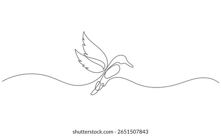 Continuous one line drawing of a flying hummingbird. Minimalist colibri bird vector illustration. Hand-drawn linear animal art. Editable outline. Isolated on white.