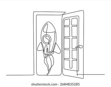 Continuous one line drawing of flying rocket fast through an open door. New ideas for business solutions, starting new projects to achieve goals or develop business growth.Hand drawn. Editable stroke