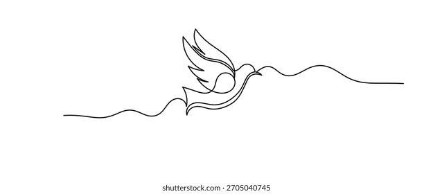 Desenho contínuo de uma linha de Flying up Dove Bird. Ilustração de desenho de linha única de Pássaros Voadores. Símbolo de paz e liberdade conceito de arte vetorial.