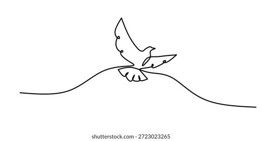 Dibujo continuo de una línea de águila salvaje voladora. Ilustración de contorno de águila. Vector editable. Soaring Eagle Continuous Line Art con Soft Waves elegante animal de pájaro continuo