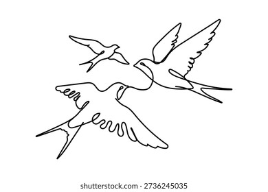 Continuous one line drawing of flying swallows bird. Simple barn swallow outline vector illustration. Editable stroke