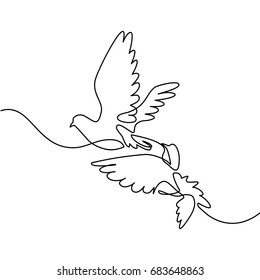 Continuous one line drawing. Flying two pigeons logo. Black and white vector illustration. Concept for logo, card, banner, poster, flyer