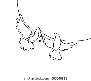 Continuous one line drawing. Flying two pigeons logo. Black and white vector illustration. Concept for logo, card, banner, poster, flyer