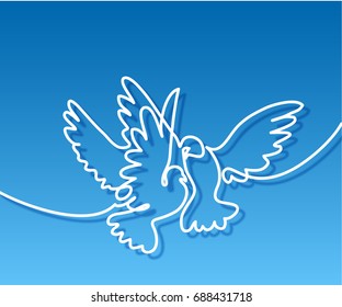 Continuous one line drawing. Flying two pigeons logo. White on blue gradient background vector illustration. Concept for logo, card, banner, poster, flyer