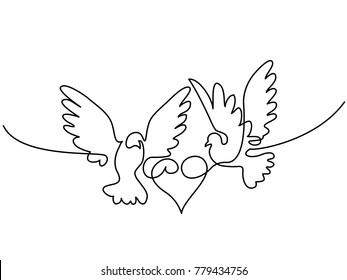 Continuous one line drawing. Flying two pigeons with heart Valentine Day logo. Black and white vector illustration. Concept for logo, card, banner, poster, flyer