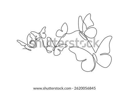Continuous one line drawing of Flying butterfly. Single line drawing illustration of a lots of butterflies. Spring summer sticker concept vector art. Doodle line illustration.