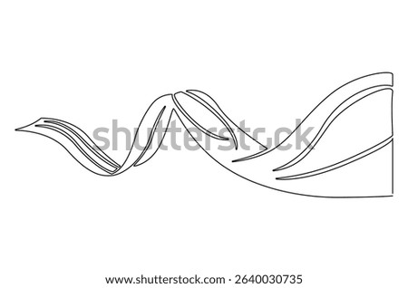 Continuous one line drawing of Flying wave silk or satin fabric. Single line drawing illustration of Luxury textile drapery. Grand opening ceremony concept vector art. Doodle line illustration.