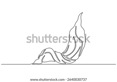 Continuous one line drawing of Flying wave silk or satin fabric. Single line drawing illustration of Luxury textile drapery. Grand opening ceremony concept vector art. Doodle line illustration.