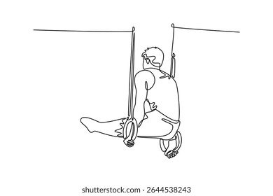 Um desenho contínuo de uma linha focado homem praticando exercícios de alongamento nos anéis de ginástica para furo mergulho corpo para abs mãos e de volta no ginásio. Ilustração gráfica vetorial de design de desenho de linha única