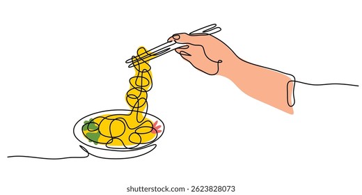 Continuous one line drawing focusing on hands using a fork (and possibly spoon) to eat noodles or spaghetti. Vector illustration hand drawn.