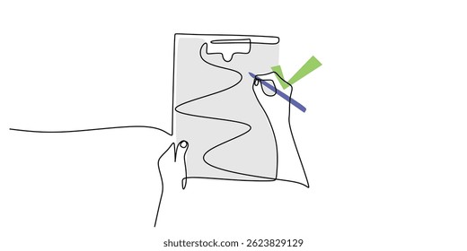 Desenho contínuo de uma linha com foco em uma marcação manual de tarefas concluídas em uma lista de verificação da área de transferência. Desenhado à mão com ilustração vetorial.