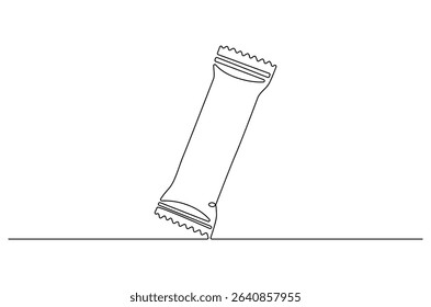 Continuous one line drawing of Foil sachet mockup. Single line drawing illustration of Plastic pouch blank. Branding and advertisement concept vector art. Doodle line illustration.