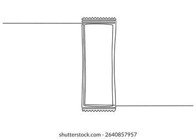 Continuous one line drawing of Foil sachet mockup. Single line drawing illustration of Plastic pouch blank. Branding and advertisement concept vector art. Doodle line illustration.