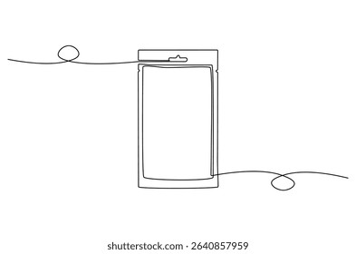 Continuous one line drawing of Foil sachet mockup. Single line drawing illustration of Plastic pouch blank. Branding and advertisement concept vector art. Doodle line illustration.