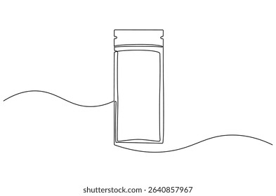 Continuous one line drawing of Foil sachet mockup. Single line drawing illustration of Plastic pouch blank. Branding and advertisement concept vector art. Doodle line illustration.
