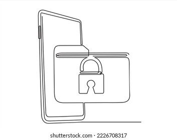 Continuous one line drawing of folder and padlock on screen smartphone. Protected folder. Personal information, data, lock, password, pin code, file. Privacy concept. 