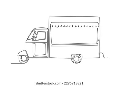 Continuous one line drawing Food trucks. Restaurant on wheels. Vans for street food selling. Car concept. Single line draw design vector graphic illustration.