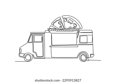 Kontinuierlich eine Linie zeichnen Food LKWs. Restaurant auf Rädern. Lieferwagen für den Verkauf von Speisen auf der Straße. Fahrzeugkonzept. Einzeilige Zeichnung, Vektorgrafik.